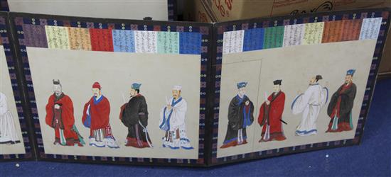 A Chinese concertina album of historical Chinese figures, late 19th / early 20th century, 46 x 49cm, some pages separated